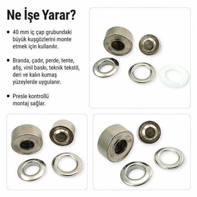 66 No Kuşgözü Kalıbı - 40 mm Kuşgözü Çakma Aparatı, 28 mm iç çaplı kuşgözlerinin kumaş ve teknik tekstil yüzeylerine