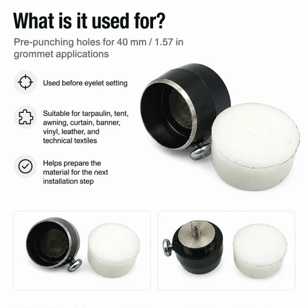 40 mm / 1.57 in Eyelet Punching Die for Large Grommet Hole Preparation made of durable PP material, ideal for precision