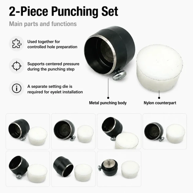 40 mm / 1.57 in Eyelet Punching Die for Large Grommet Hole Preparation made of durable PP material, ideal for precision
