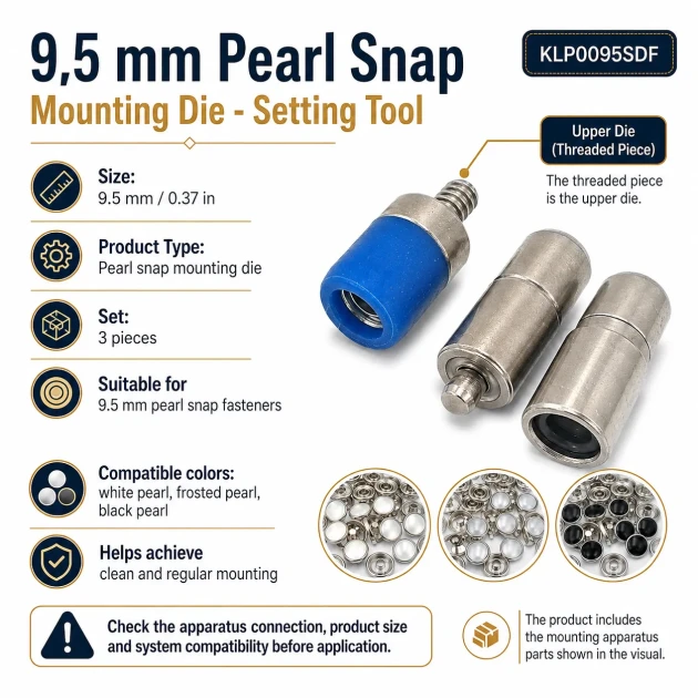 Pearl Snap Setting Die for 9.5 mm / 0.37 in Snap Fasteners, designed for crack-free installation on shirts and baby clothes
