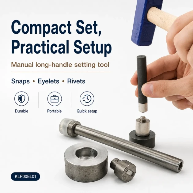 Long-Handle Hand-Hit Setting Tool for Snap Buttons, Eyelets, Rivets and Jeans Buttons, made of durable PP material, ideal