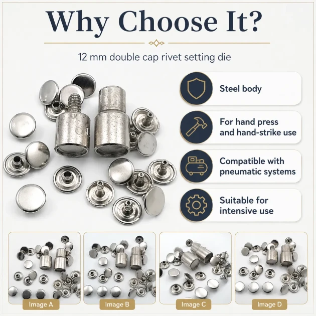 Double Cap Rivet Installation Tool for 12 mm (0.47") Cap Diameter - Professional Tool for Clean Rivet Applications in Bags