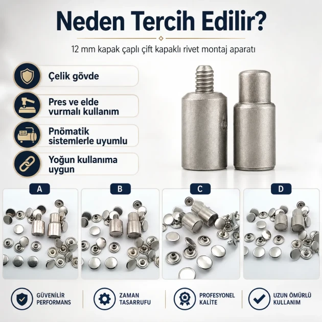 Double Cap Rivet Installation Tool for 12 mm (0.47") Cap Diameter - Professional Tool for Clean Rivet Applications in Bags
