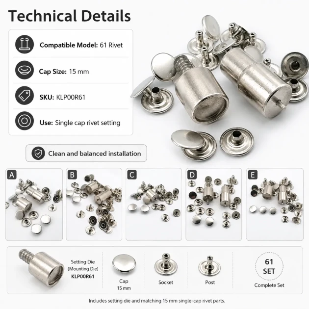 61 Rivet 15 mm (0.59") Cap Single Cap Rivet Setting Die for 12 mm (0.47") Back Cap Rivets - Professional Installation Tool