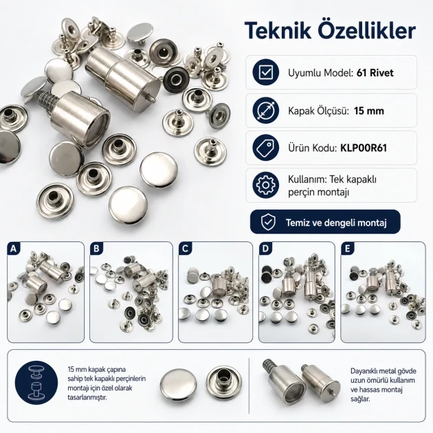61 Rivet 15 mm (0.59") Cap Single Cap Rivet Setting Die for 12 mm (0.47") Back Cap Rivets - Professional Installation Tool