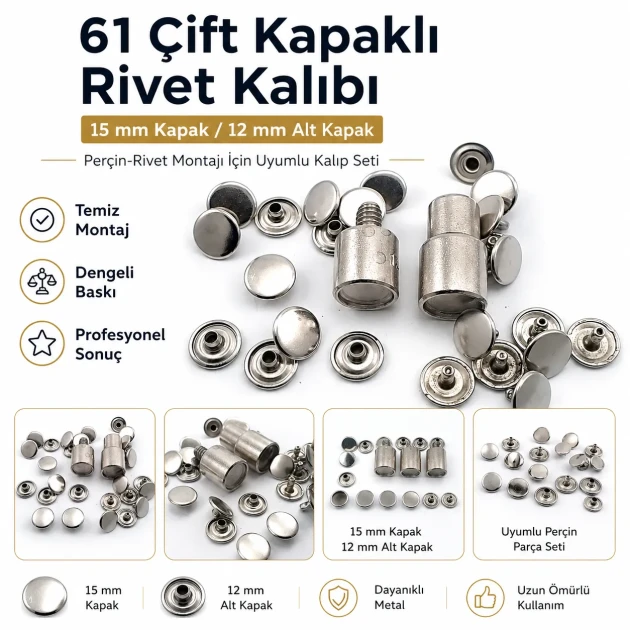 61 Double Cap Rivet Setting Die for 15 mm (0.59") Front Cap and 12 mm (0.47") Back Cap Rivets Installation Tool