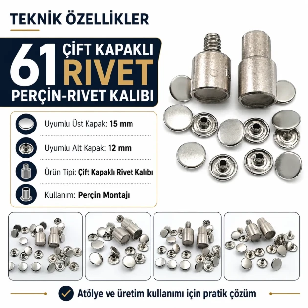 61 Double Cap Rivet Setting Die for 15 mm (0.59") Front Cap and 12 mm (0.47") Back Cap Rivets Installation Tool