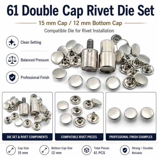 61 Double Cap Rivet Setting Die for 15 mm (0.59") Front Cap and 12 mm (0.47") Back Cap Rivets Installation Tool