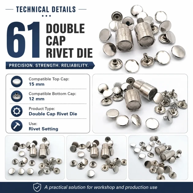 61 Double Cap Rivet Setting Die for 15 mm (0.59") Front Cap and 12 mm (0.47") Back Cap Rivets Installation Tool