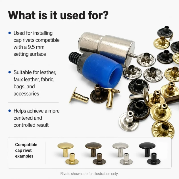 9.5 mm / 0.37 in Cap Rivet Setting Die KLP00R95 for precise installation of cap-style rivets on leather and fabric