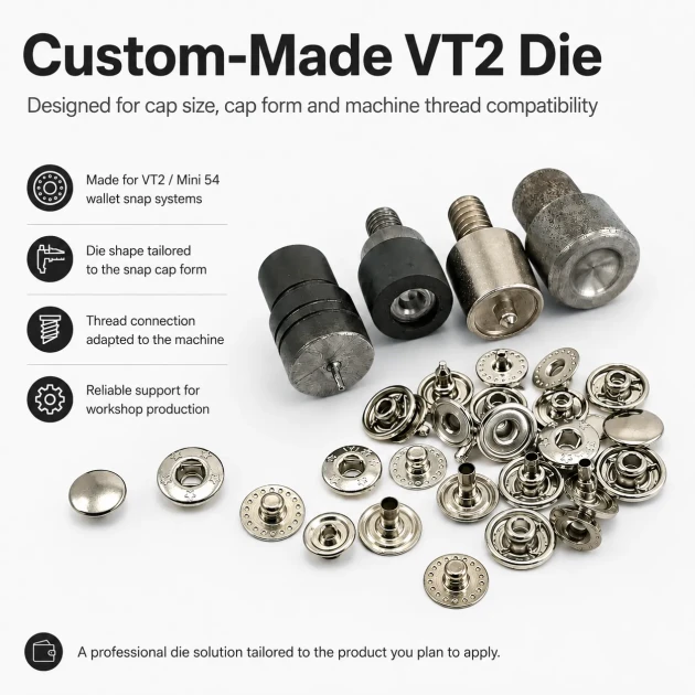 Custom VT2 Wallet Snap Setting Die KLP054VT2 for professional snap fastener installation on leather goods