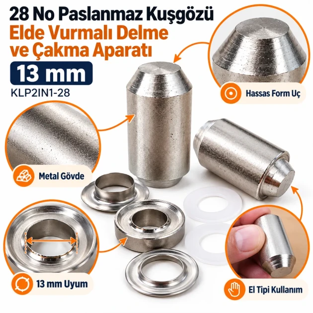 28 No Paslanmaz Kuşgözü Elde Vurmalı Delme ve Çakma Aparatı – 13 mm KLP2IN1-28
