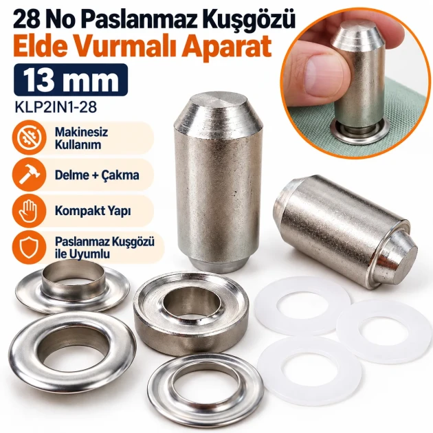 28 No Paslanmaz Kuşgözü Elde Vurmalı Delme ve Çakma Aparatı – 13 mm KLP2IN1-28