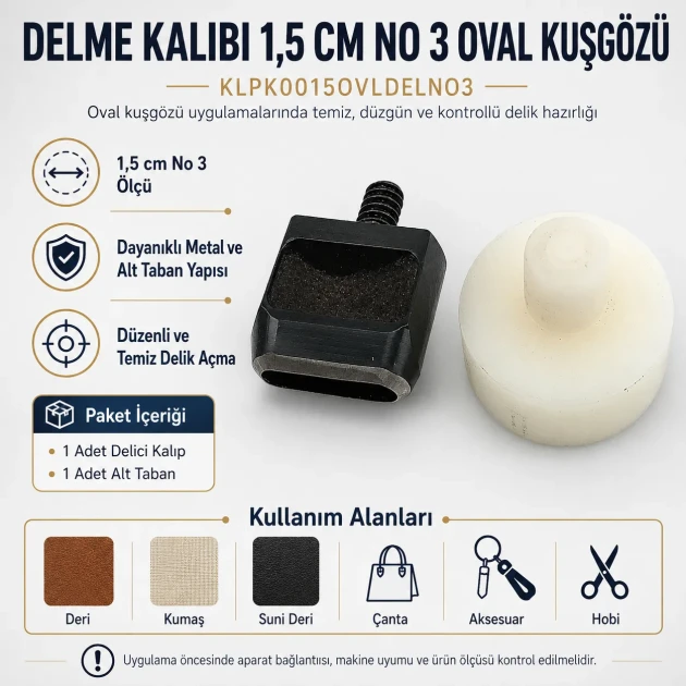 Oval Eyelet Punching Die 15 mm / 0.59 in KLPK0015OVLDELNO3 for precise grommet installation on various materials