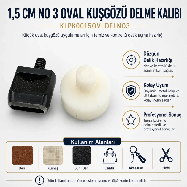 Oval Eyelet Punching Die 15 mm / 0.59 in KLPK0015OVLDELNO3 for precise grommet installation on various materials