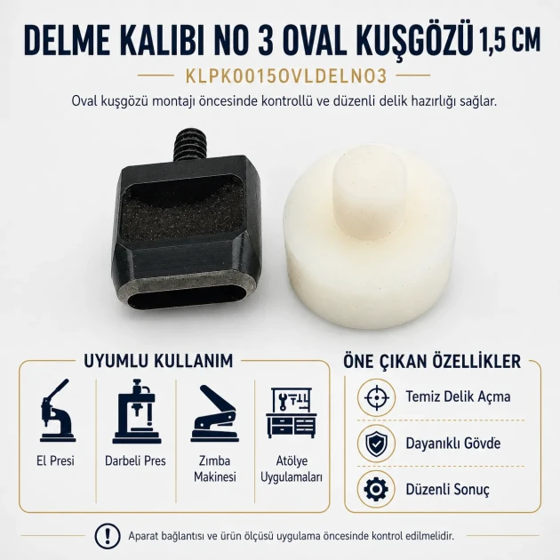 Oval Eyelet Punching Die 15 mm / 0.59 in KLPK0015OVLDELNO3 for precise grommet installation on various materials