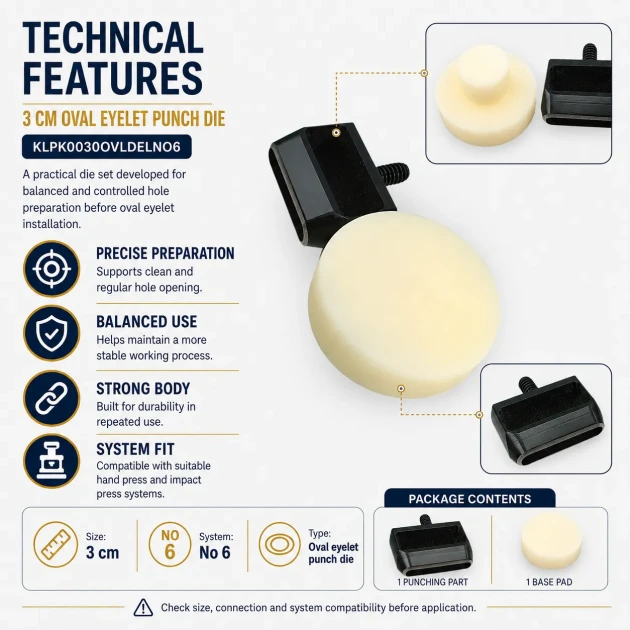 Oval Eyelet Punching Die 30 mm / 1.18 in for installing grommets on fabric, leather, and paper