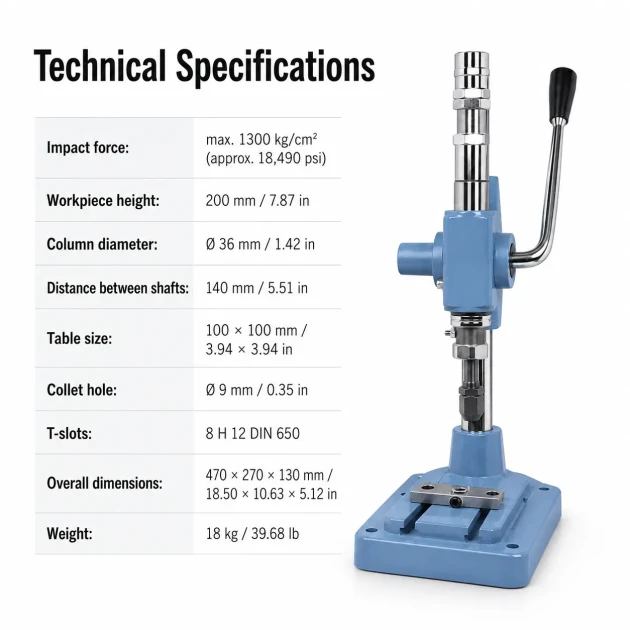 Manual Impact Press Light Type for Eyelet, Snap Fastener and Jeans Button Application - M00100,