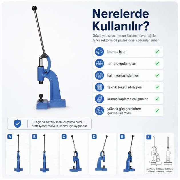 Manuel Pres Kuşgözü Montaj Presi M00101, hafif tip darbeli pres, metal yapı, tekstil ve deri uygulamaları için ideal
