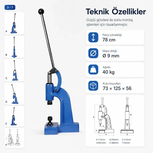 Manuel Pres Kuşgözü Montaj Presi M00101, hafif tip darbeli pres, metal yapı, tekstil ve deri uygulamaları için ideal