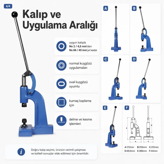 Manuel Pres Kuşgözü Montaj Presi M00101, hafif tip darbeli pres, metal yapı, tekstil ve deri uygulamaları için ideal