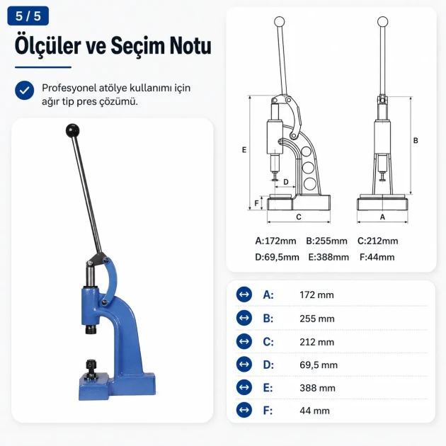 Manuel Pres Kuşgözü Montaj Presi M00101, hafif tip darbeli pres, metal yapı, tekstil ve deri uygulamaları için ideal