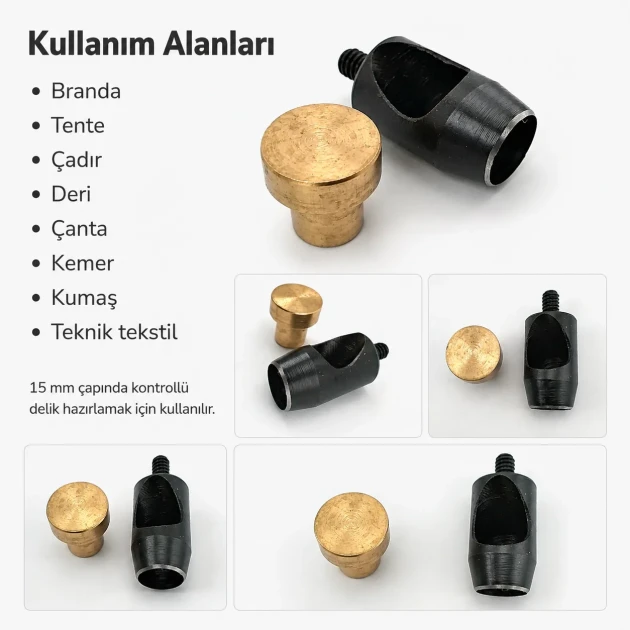 15 mm / 0.59 in Hole Punching Die for large hole preparation in tarpaulin, awning fabric, tents, leather, bags, and