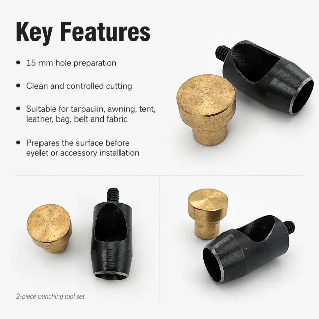 15 mm / 0.59 in Hole Punching Die for large hole preparation in tarpaulin, awning fabric, tents, leather, bags, and