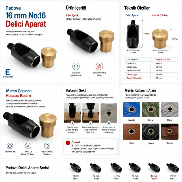 16 mm / 0.63 in Hole Punching Die for precise large hole preparation in tarpaulin, leather, and technical textiles