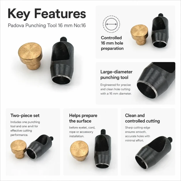 16 mm / 0.63 in Hole Punching Die for precise large hole preparation in tarpaulin, leather, and technical textiles