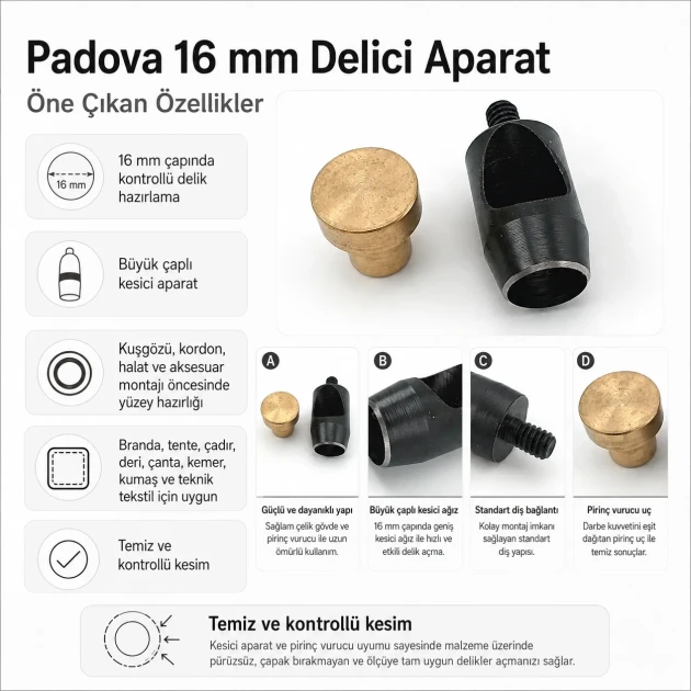 16 mm / 0.63 in Hole Punching Die for precise large hole preparation in tarpaulin, leather, and technical textiles