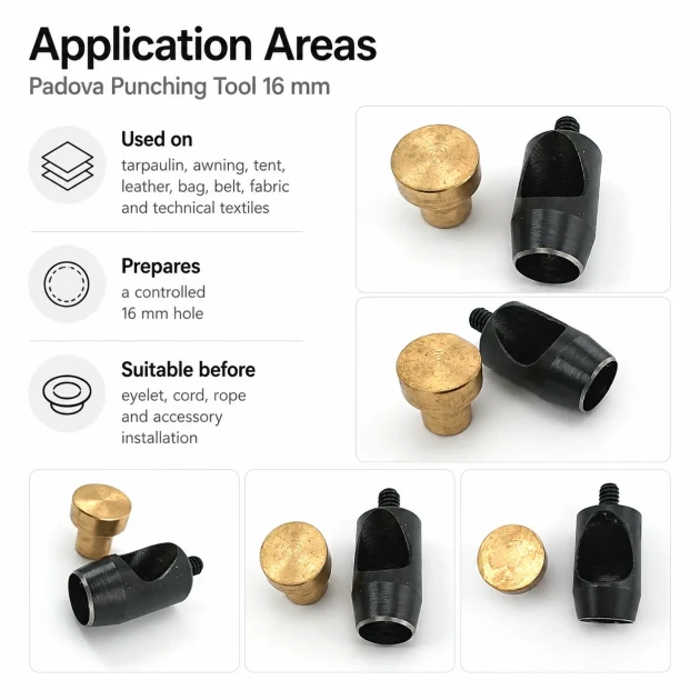 16 mm / 0.63 in Hole Punching Die for precise large hole preparation in tarpaulin, leather, and technical textiles