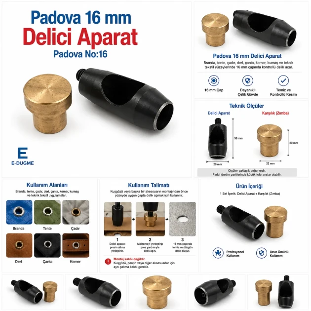 16 mm / 0.63 in Hole Punching Die for precise large hole preparation in tarpaulin, leather, and technical textiles