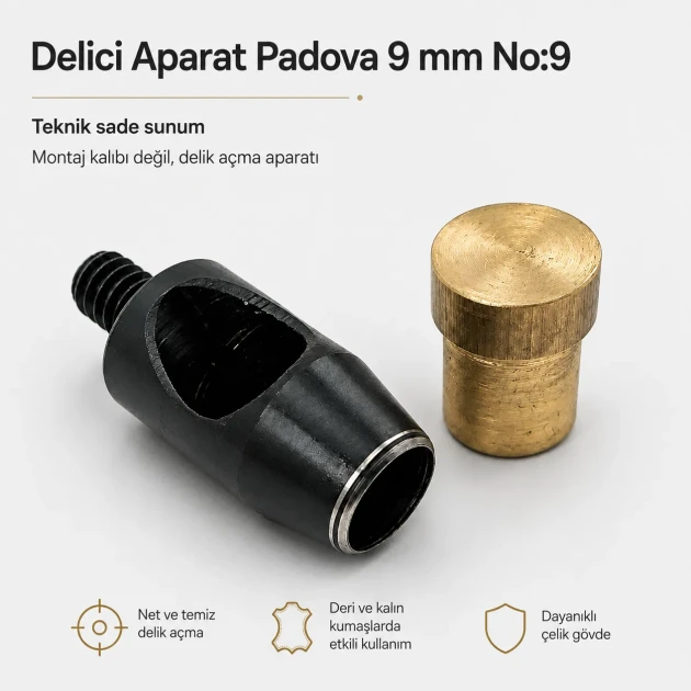 Delici Aparat Padova 9 mm, kumaş ve deri için profesyonel delik açma aracı