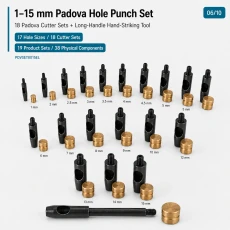1–15 mm / 0.039–0.591 in Padova Hole Cutter Collection with 18 Cutter Sets and Long-Handle Striking Tool PDVSET0015EL