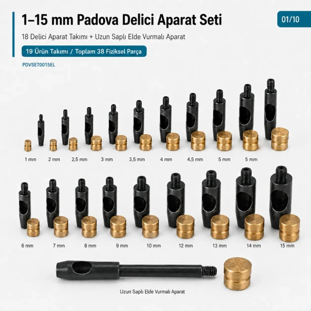 1–15 mm Padova Hole Cutter Collection with 18 Cutter Sets and Long-Handle Striking Tool, ideal for creating precise holes