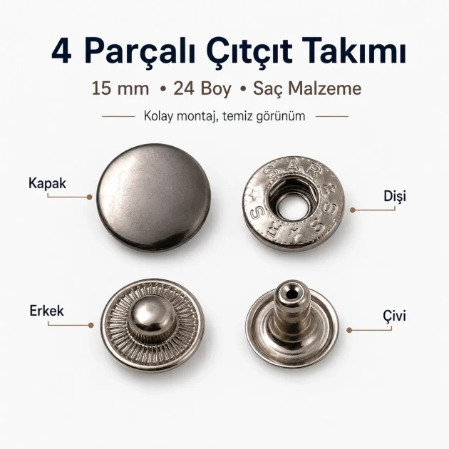 15 mm Alpha Snap Button Metal Snap Fastener for bags and garments - 144 Sets