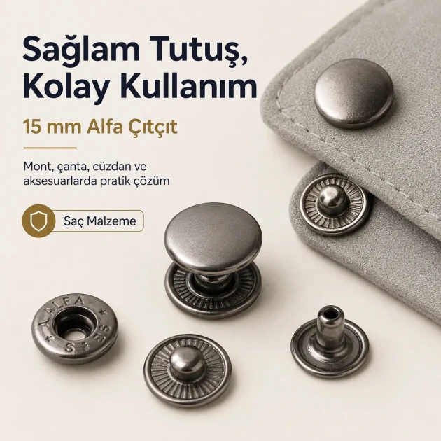 15 mm Alpha Snap Button Metal Snap Fastener for bags and garments - 144 Sets