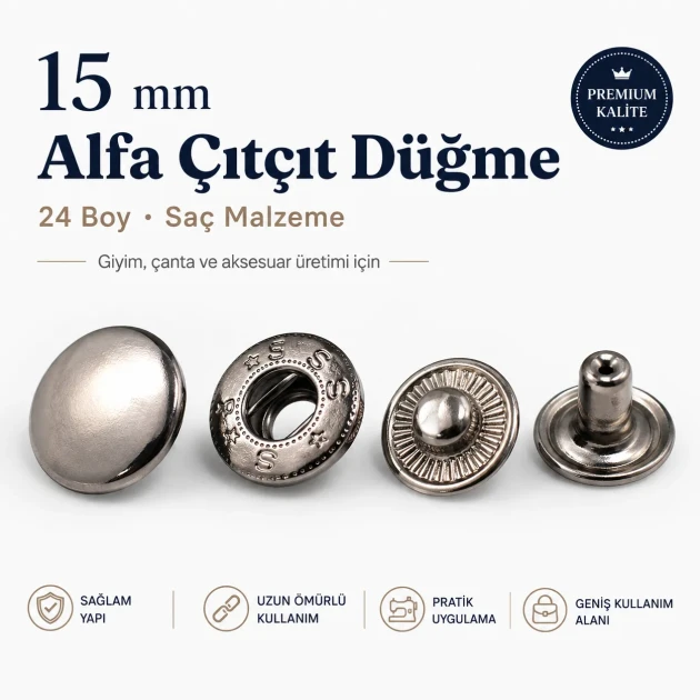 15 mm Alpha Snap Button Metal Snap Fastener for bags and garments - 144 Sets