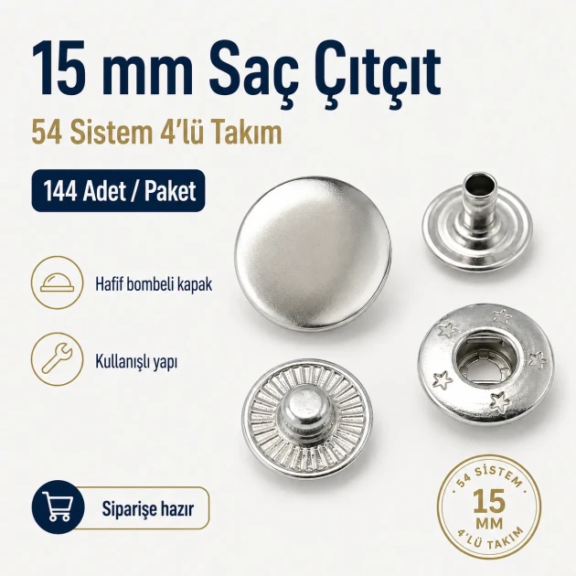 15 mm Snap Fastener Set of 4 - 144 pcs