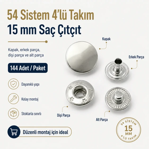 15 mm Snap Fastener Set of 4 - 144 pcs