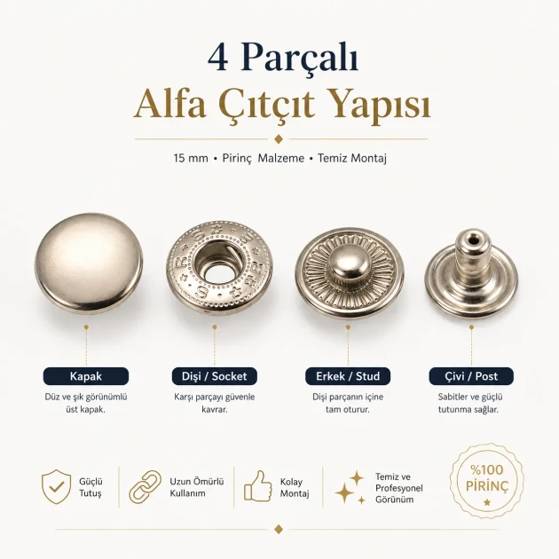 15 mm Alpha Brass Snap Button Metal Snap Fastener for Bags and Textiles