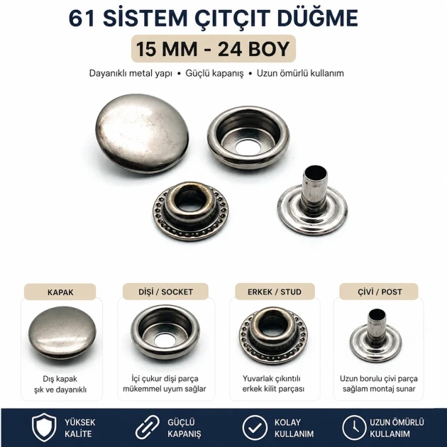15 mm 61 System Sheet Metal Snap Button - Strong Grip Snap for Outerwear, Canvas and Bags