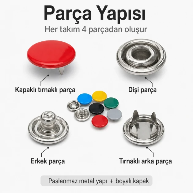 9,5 mm paslanmaz metal kapaklı klikıt çıtçıt, bebek giyimde ve montajda kullanıma uygun, renkli kapaklı, dayanıklı ve şık