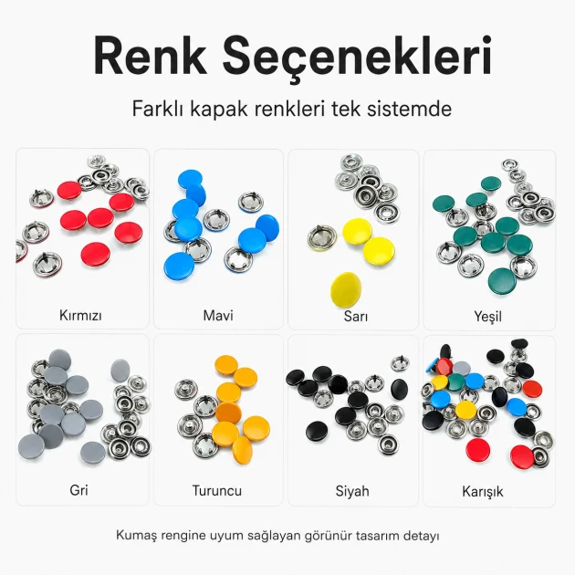 9,5 mm paslanmaz metal kapaklı klikıt çıtçıt, bebek giyimde ve montajda kullanıma uygun, renkli kapaklı, dayanıklı ve şık