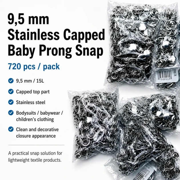 9.5 mm Baby Snap Fasteners with Prong Cap, Stainless Steel, 720 Pcs Pack