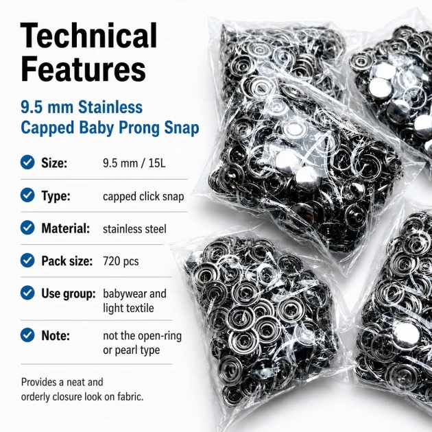 9.5 mm Baby Snap Fasteners with Prong Cap, Stainless Steel, 720 Pcs Pack