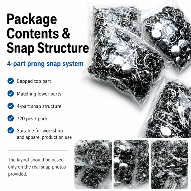 9.5 mm Baby Snap Fasteners with Prong Cap, Stainless Steel, 720 Pcs Pack
