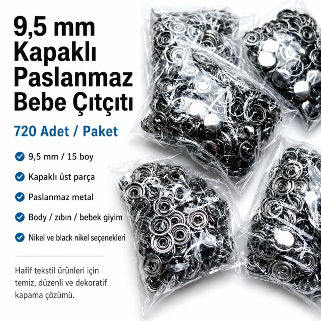 9.5 mm Baby Snap Fasteners with Prong Cap, Stainless Steel, 720 Pcs Pack