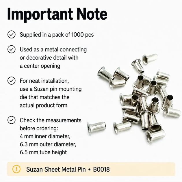 Sheet Metal Suzan Pin with 4 mm Inner Diameter and 6.5 mm Barrel Height, Pack of 1,000 Pieces